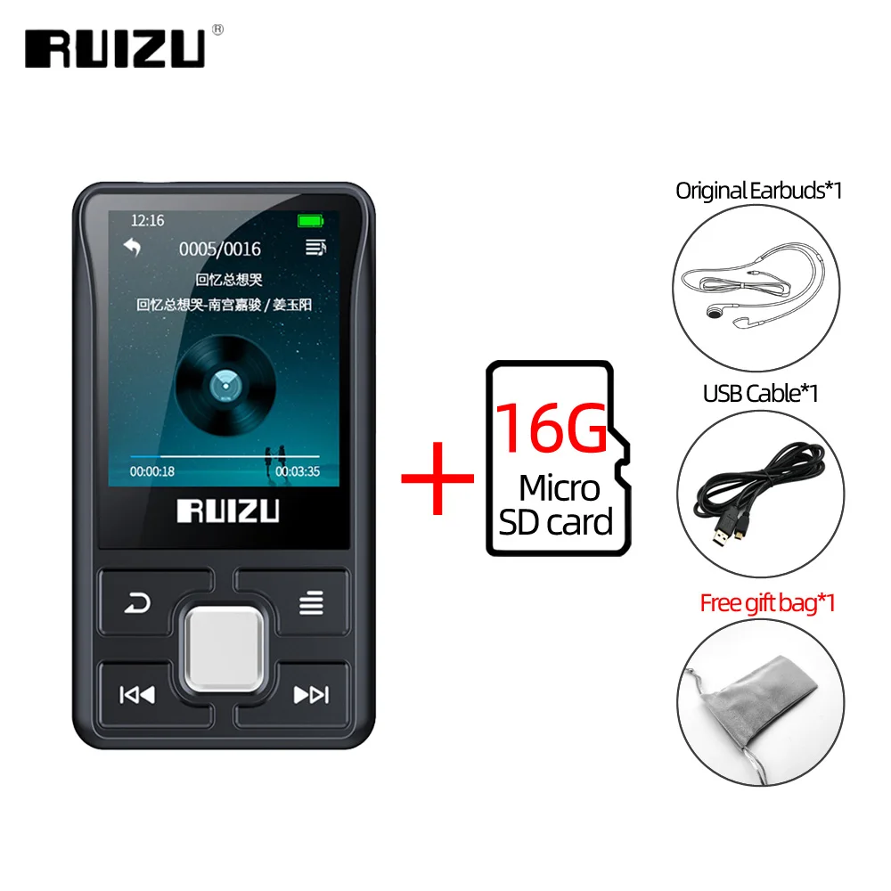 With 16GB TF Card RUIZU X55 Клип Спорт Bluetooth MP3 плеер 8 Гб мини с экраном Поддержка TF карты, FM, запись, электронная книга, часы, шагомер музыкальный плеер - Цвет: With 16GB TF Card