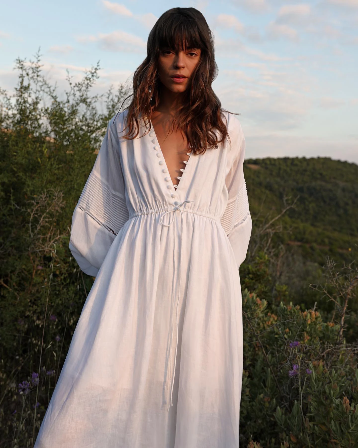 Женское длинное платье с V-образным вырезом из 100% льна | Женская одежда