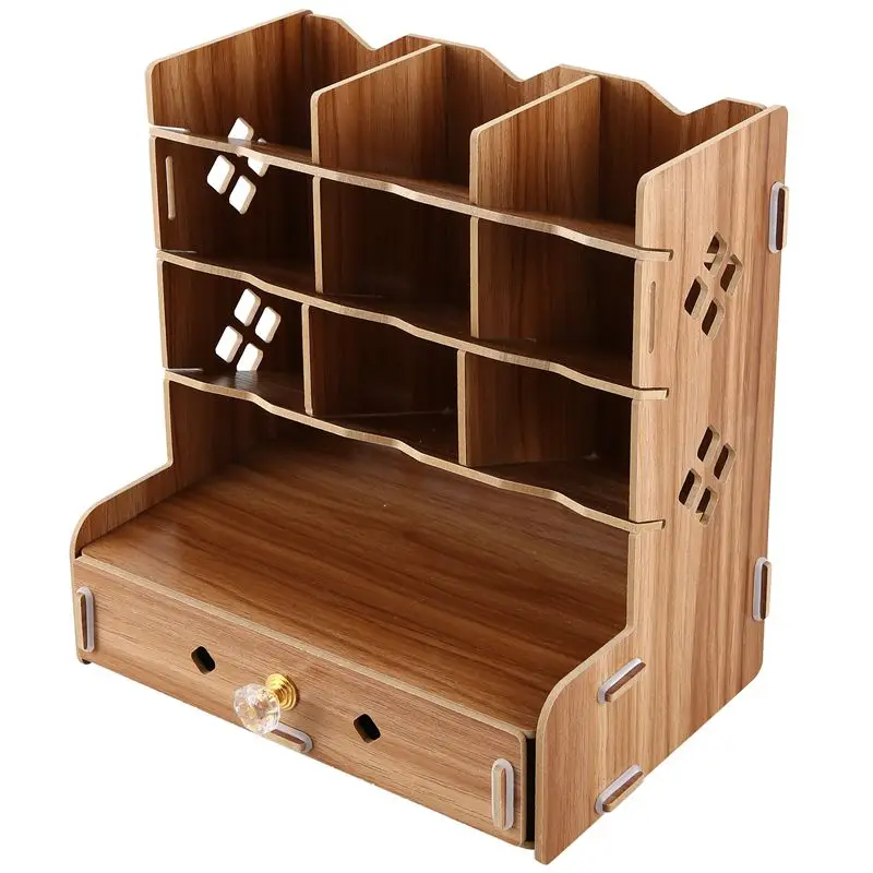 

DIY Wooden Desk Organizer with Drawer, Pen Holder Box Desktop Stationery for Home Office School Supply Storage