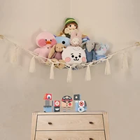 macrame toy hammock soft net storage with led string lights hooks tassels wall hanging netting toy display holder bedroom decor