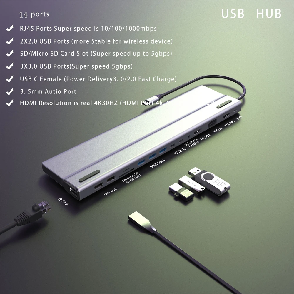 Сетевой концентратор DeepFox 14 в 1 устройство для чтения карт SD/TF USB C на HDMI VGA Lan 3 0