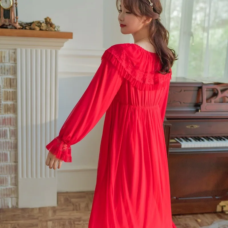 

Holiday Sleepwear Spring Autumn Loose Nighty Vintage Luxury Modal Gauze Women's Long Nightgowns Long Sleeve Soft Lace Elegant