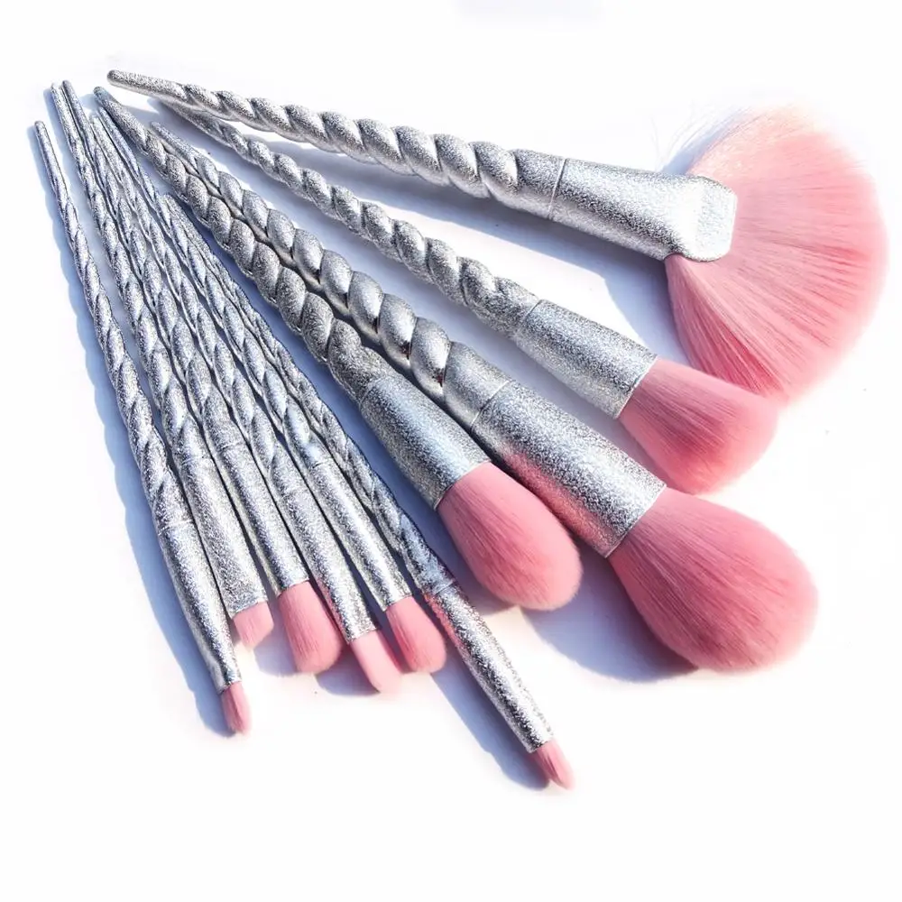 

10pcs Unicorn Makeup Brushes Set Silver Glitter Spiral Handle Foundation Blending Powder Crease Make Up Brush Cosmetic Tools