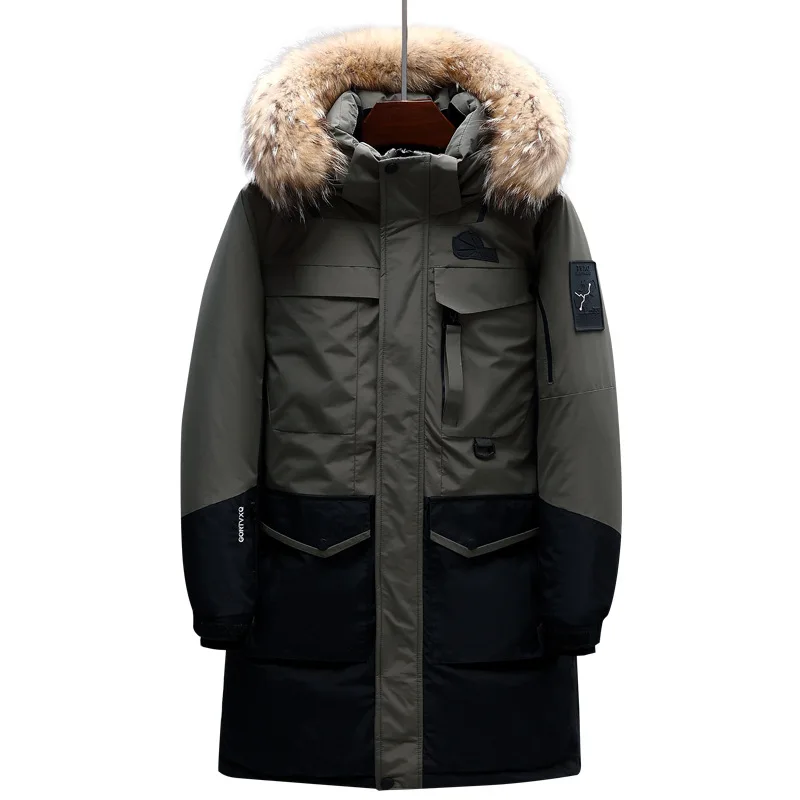 Мужской длинный пуховик на белом утином пуху с капюшоном и меховым