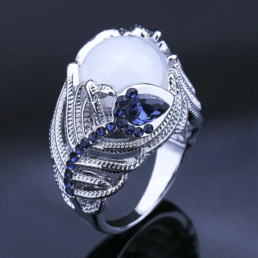 Винтажное женское кольцо с лунным камнем хит продаж голубым цирконием