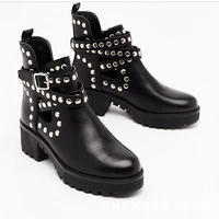 trend design women motorcycles boots black stud platform chunky heel quality leather ankle buckle strap cool biker shoes ladies