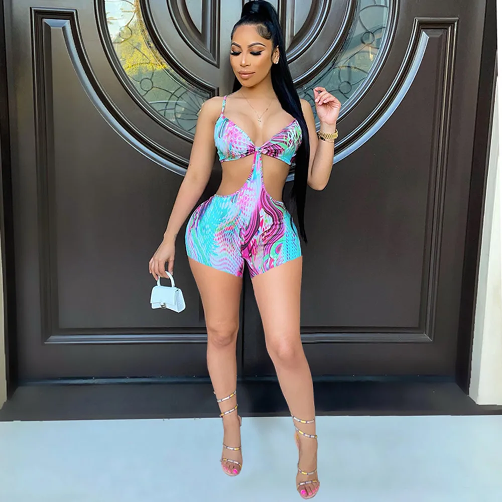 

Splash Ink Print Skinny Rompers for Women 2022 Sexy Low Neck Spaghetti Strap Jumpsuit Summer Body-shaping Beachwear Playsuit