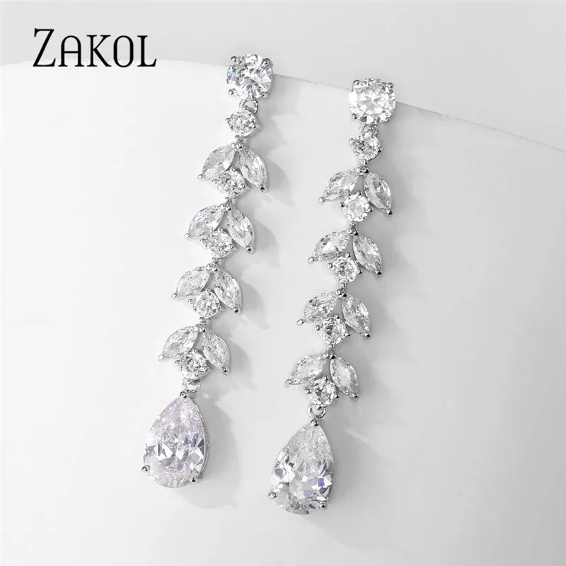 ZAKOL Высокое качество классические AAA фианиты длинный лист кулон Висячие серьги