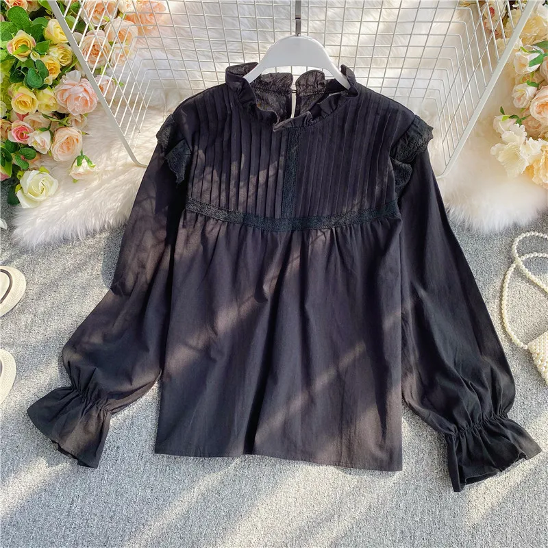 Autumn Women Pullovers Blouse Shirt Ladies Sweet Pleated Flare Sleeves Ruffles Stand Neck Slim Shirt Tops Blusas Femininas