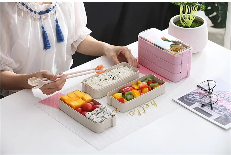 900 мл здоровый материал Ланч-бокс 3 слоя пшеничной соломы Bento коробки микроволновая посуда контейнер для хранения продуктов Ланчбокс