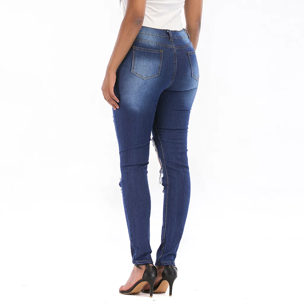 Новинка 2019 темно-синие джинсовые брюки женские узкие рваные джинсы с завышенной