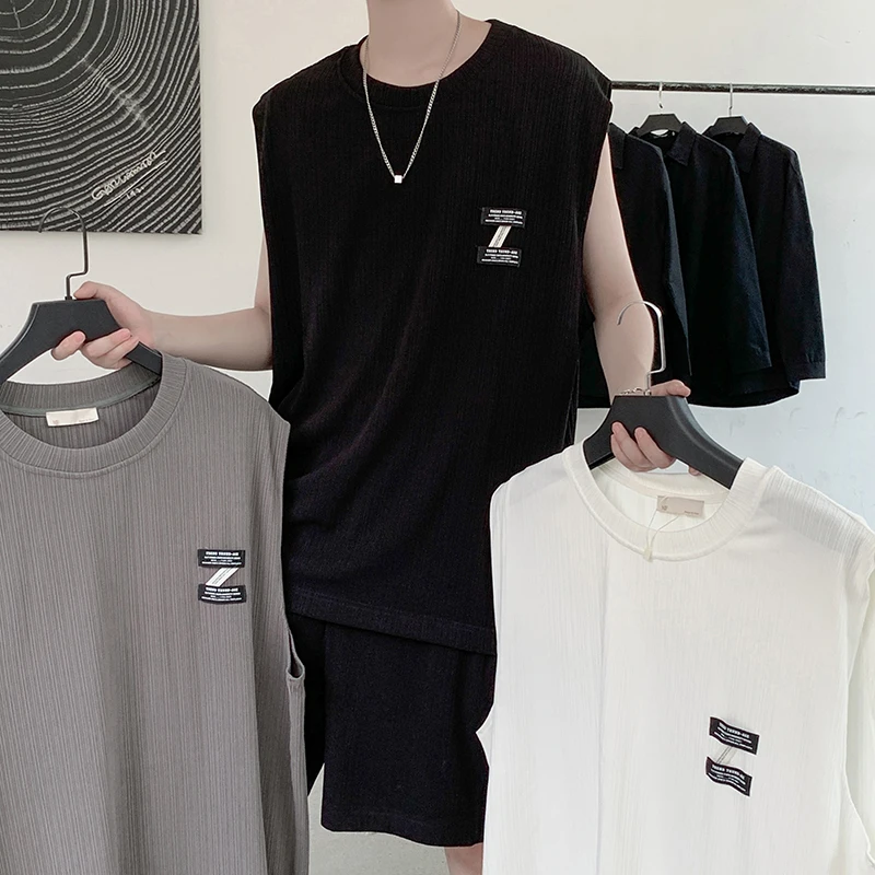 

2pieces Hot Sale Summer Simple Anti-Crease Elasticity Casual Loose O-Neck Sleeveless T Shirt + Shorts Men's Sets Streetwear 3XL