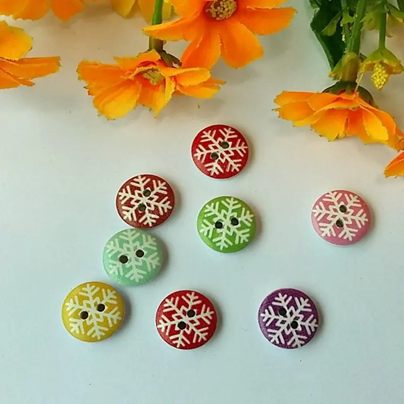 100 шт./лот 15 мм деревянные пуговицы с принтом в виде снежинок принадлежности для