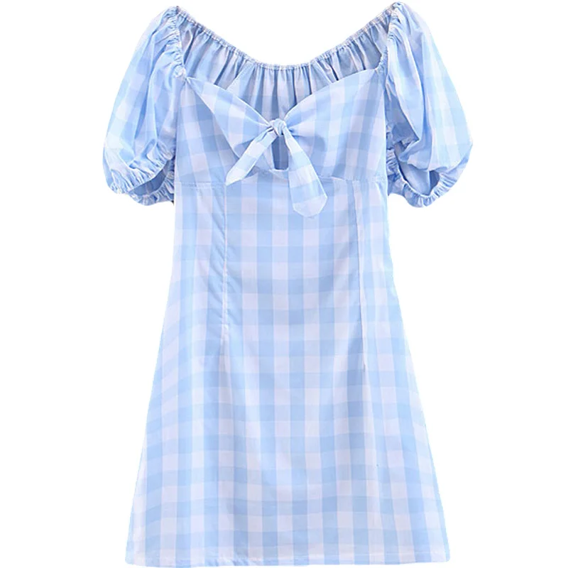 

2019 Spring and Summer New Retro French Girl Plaid Drawstring Dress Temperament Square Collar Exposed Back Holiday Short Skirt