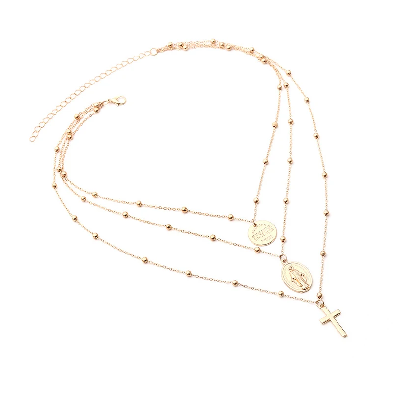 Многослойное металлическое ожерелье с подвеской-крестом в стиле панк | Украшения