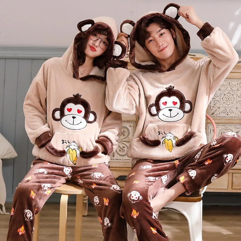 happy monkey Унисекс, пижамы для взрослых, для женщин, зимняя бархатная Пижама, утолщенная, теплая, Фланелевая пижама, набор, животные, Мультяшные, милые, для дома, обслуживание - Цвет: happy monkey