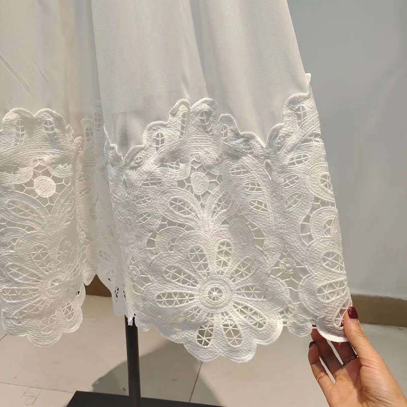 

TWOTWINSTYLE Vintage Patchwork Lace Dress For Women O Neck Short Sleeve High Waist Solid Elegant Dresses Female Fashion Clothes