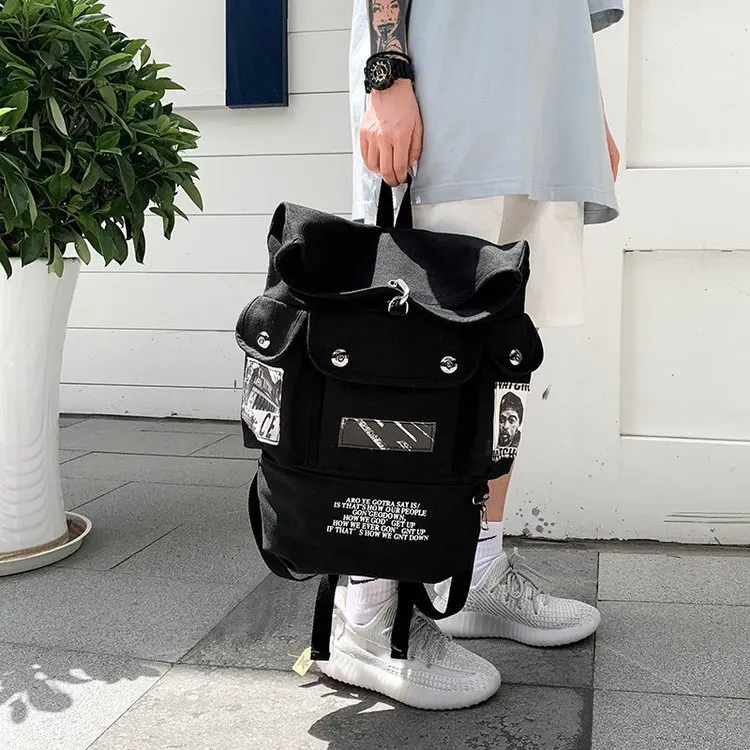 

Hip print hip hop multi-pocket high capacity sports casual canvas backpack College style versatile solid color bag