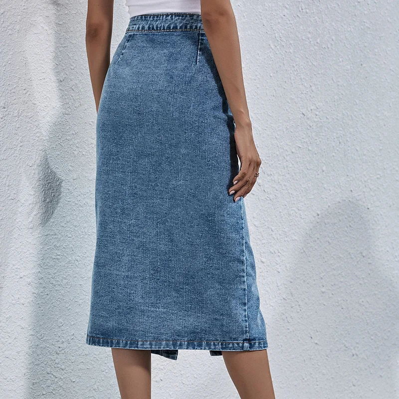 

Women Streetwear Casual Pocket High Waist Straight Jean Skirts 2021 New Single Breasted Knee All-match Length Denim Skirt Female
