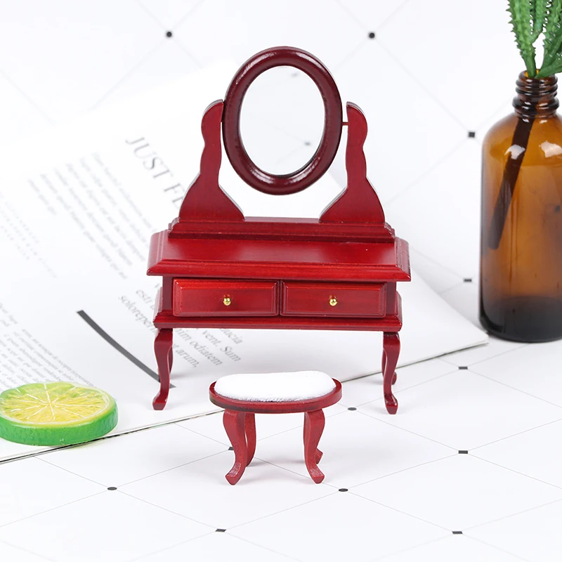 

Mini Doll Furniture Miniature Wood Dollhouse Bedroom Dresser Desk Mirror Play Model Accessories Toys for Children Christmas