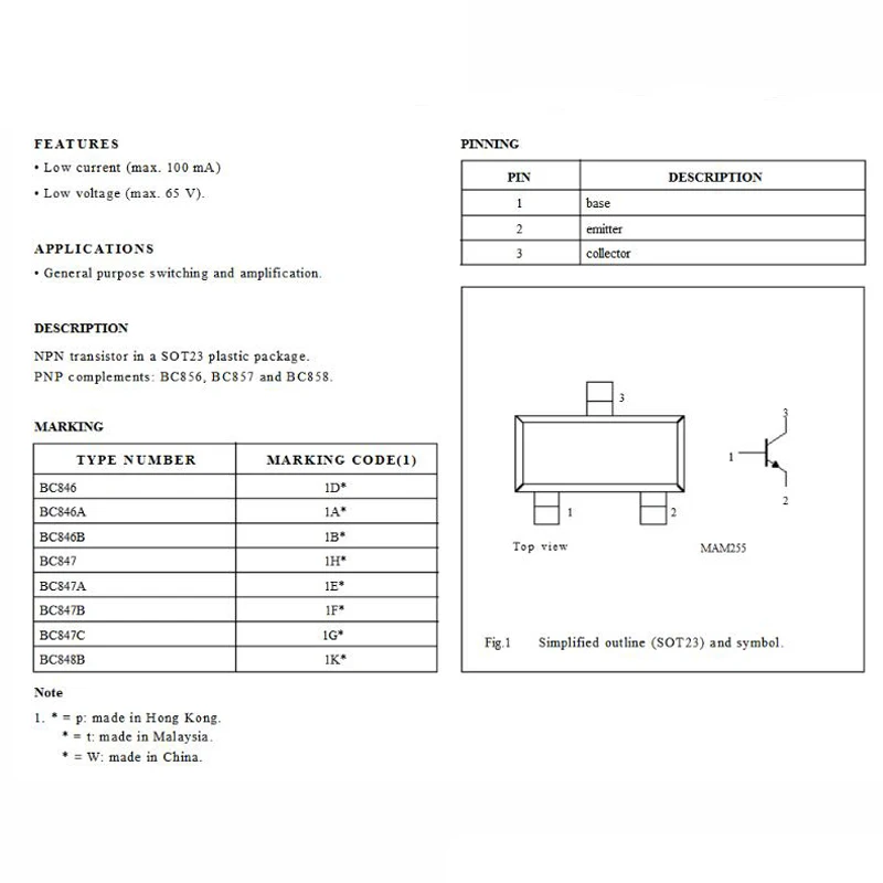 ТРАНЗИСТОР BC847C SOT23 BC847 847C SOT SMD SOT-23 1G новый и оригинальный чипсет IC 100 шт. |