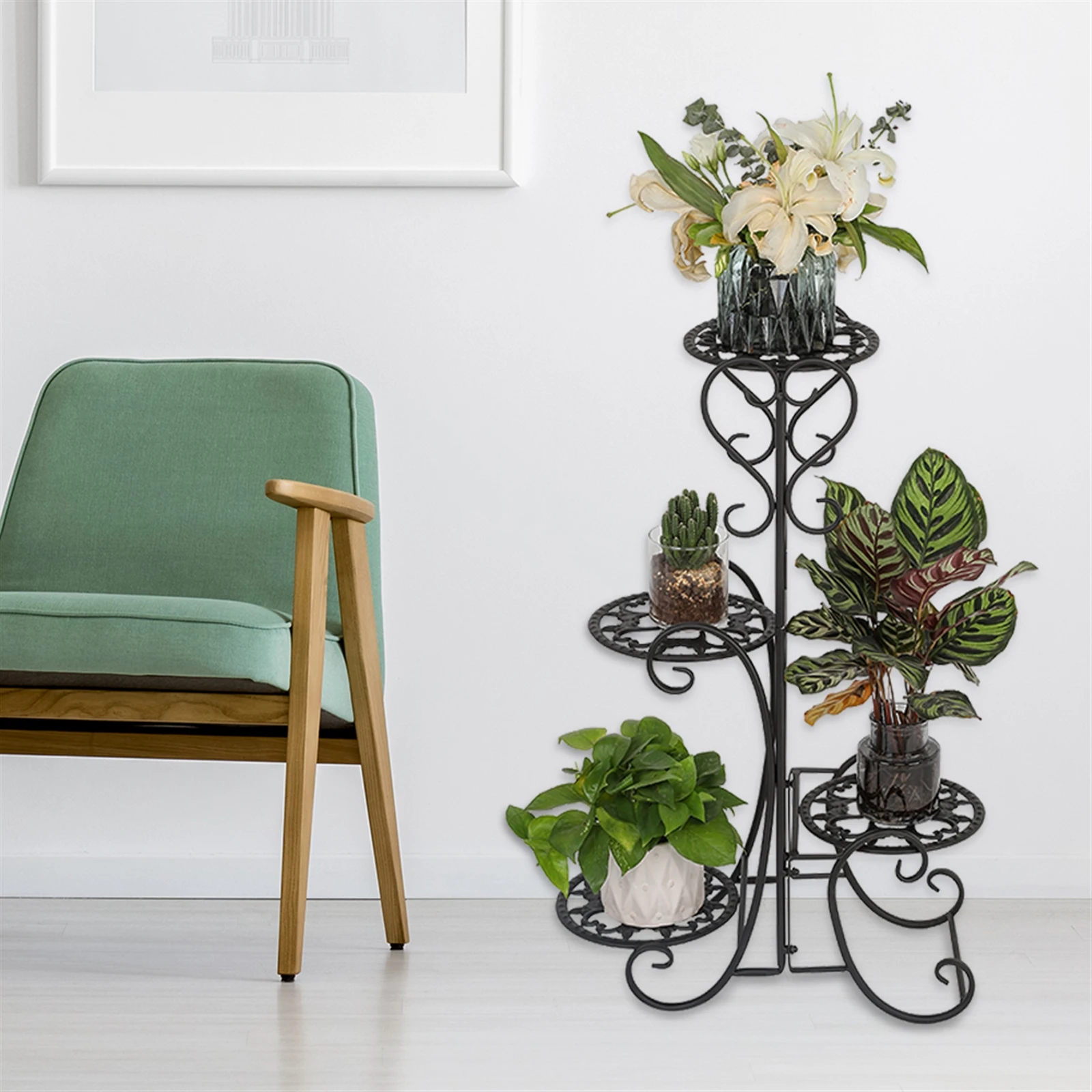 

Plant Stand Metal Flower Holder Racks with 4 Tier Garden Decoration Display Wrought Iron 4 Layers Planter Rack Shelf Organizer
