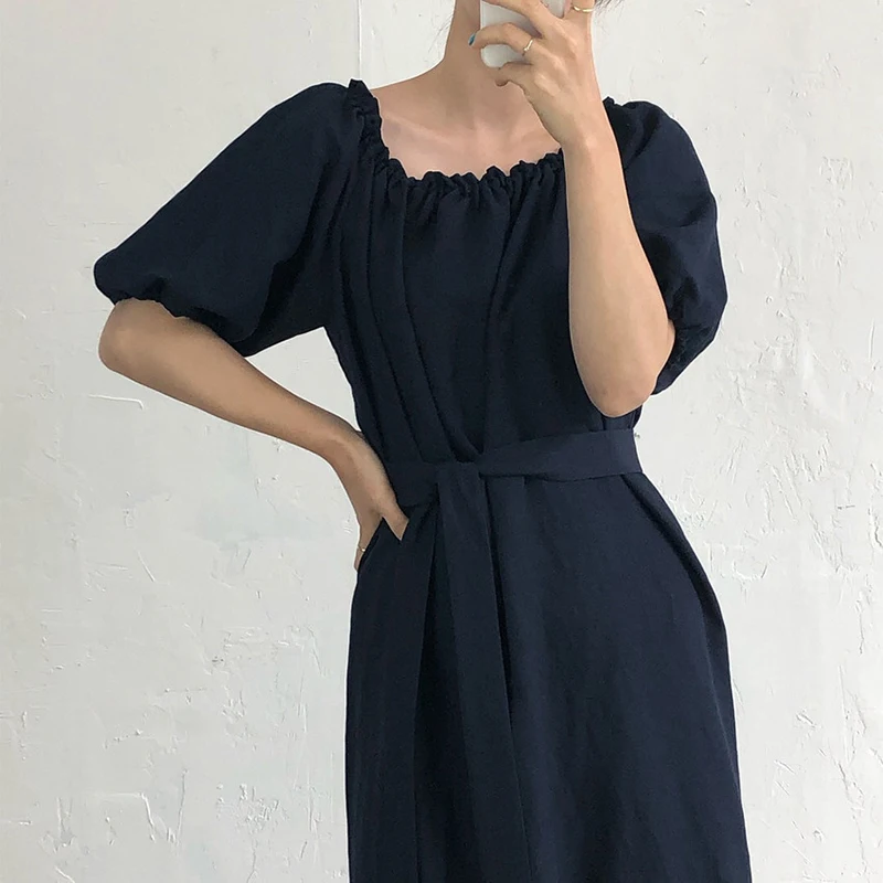 

SHENGPALAE Simple Light Green Dress Women's Summer 2021 New Round Neck Lace Up Waist Short Sleeve Mid-calf Folds Dresses Female