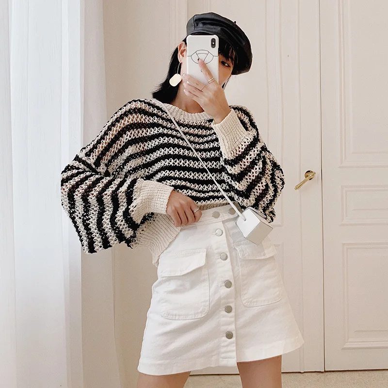 MEVGOHOT Women's Autumn Loose Stripe Sweaters Fashion Oversized Sweet O-neck Pullover Korean Sweater Female HD1098 | Женская одежда