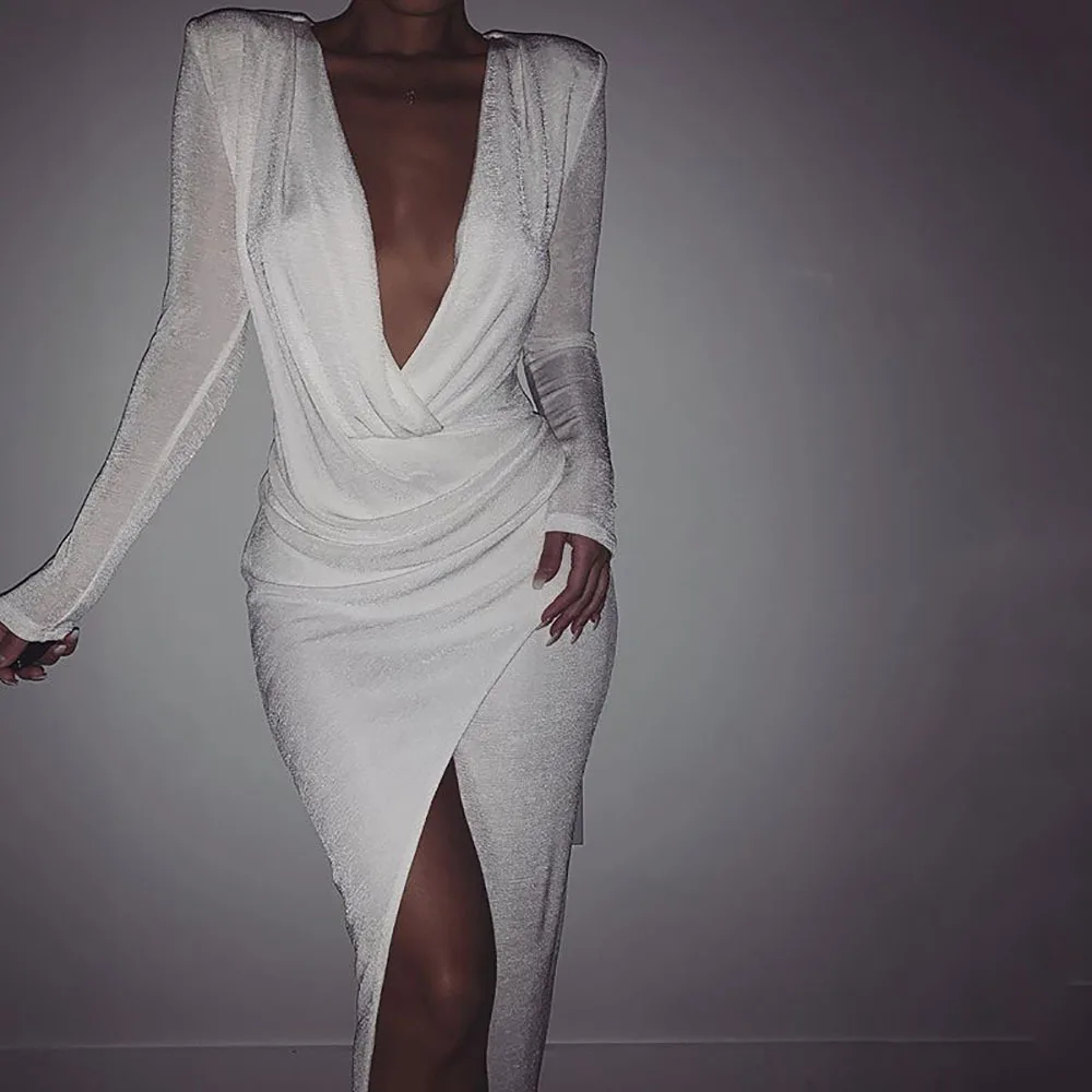 Сексуальное облегающее платье с v-образным вырезом и разрезом в виде рыбьего