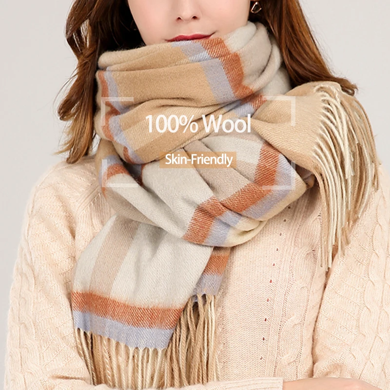 Зимний шарф из 100% овечьей шерсти женские клетчатые шарфы с кисточками длинная
