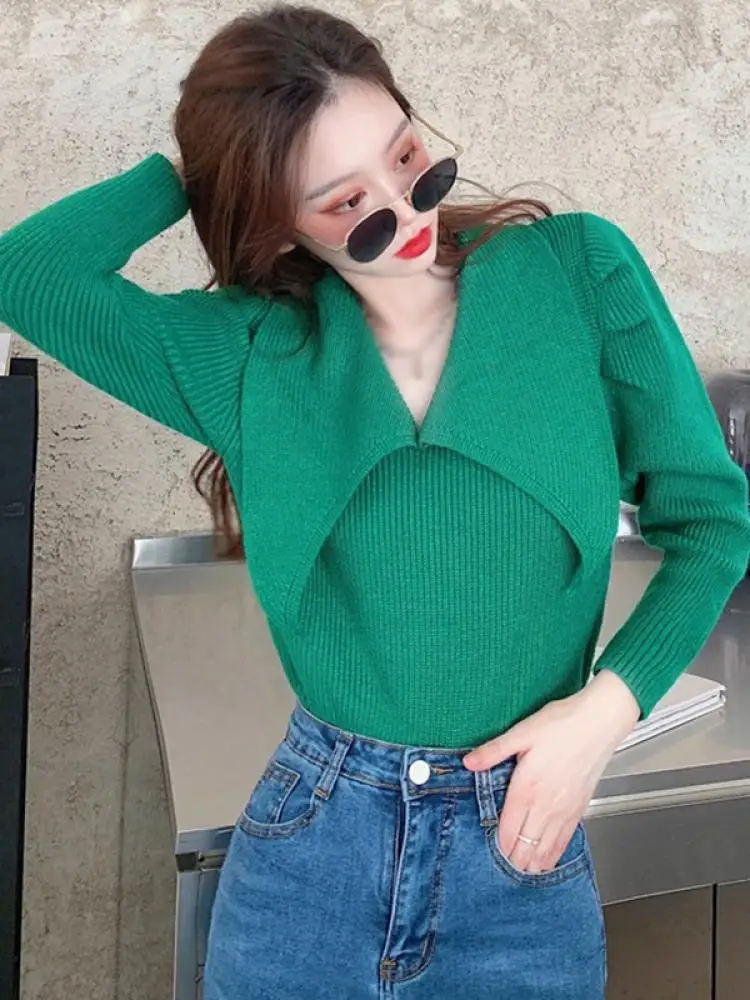 

Autumn New Ladies Lapel Puff Sleeve Short Sweater Sweet Long-Sleeved Solid Color Slim Ladies Office Pullover