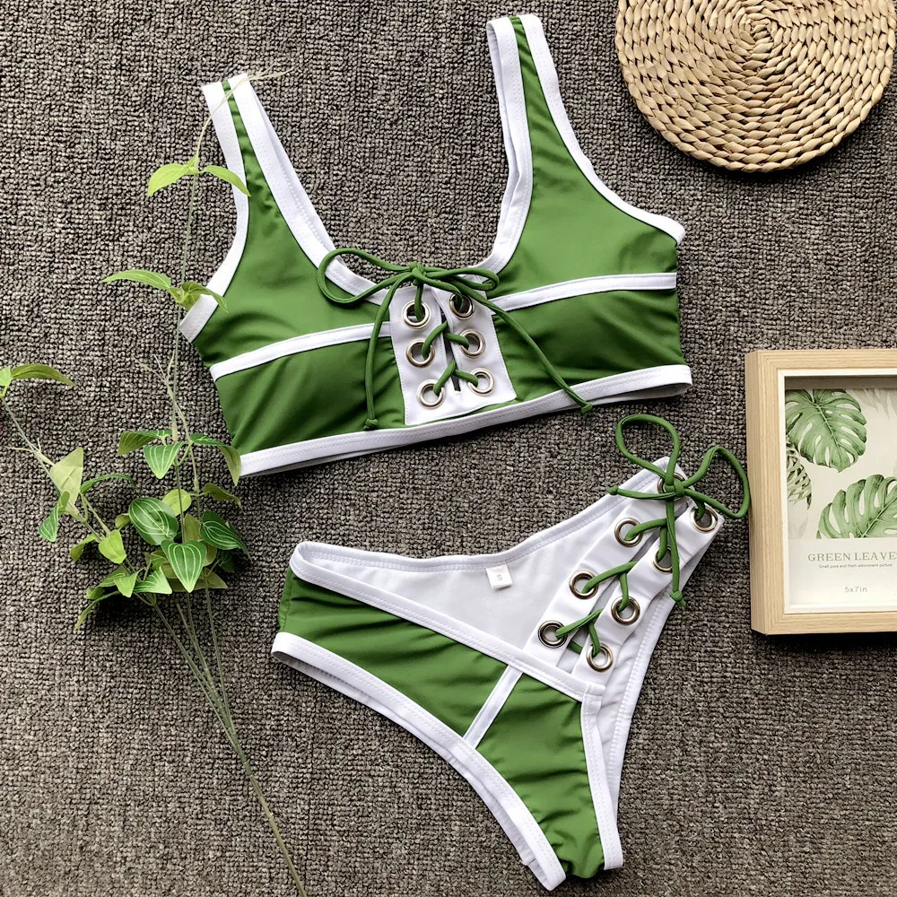 Комбинированный спортивный стиль бандаж бикини для женщин на шнуровке пуш ап