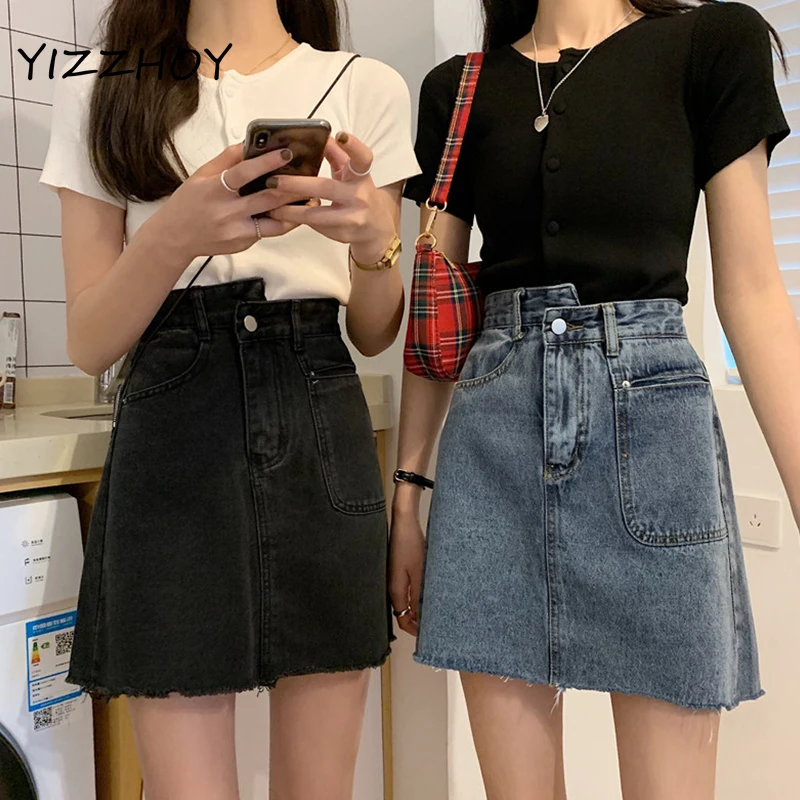 

YIZZHOY Summer High Waist Asymmetrical Retro Blue A-line Mini Denim Skirt Women Streetwear Plus Size Ladies Jeans Skirts