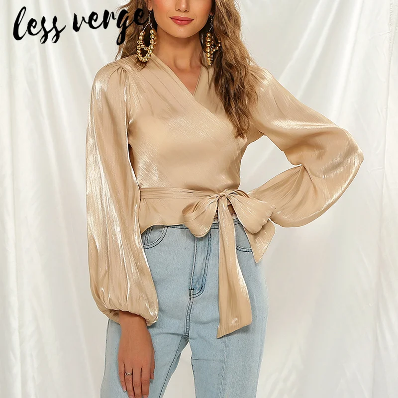 Lessverge v образный вырез сексуальная блестящая блузка рубашка женская фонарь рукав