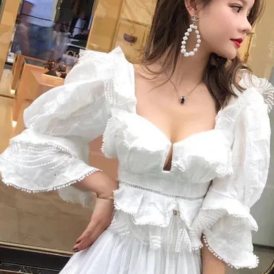 white Boho шикарные топы Весна Лето Высокое качество оборки белая сетка вышивка блузки женские сексуальные женские рубашки блузка V734 - Цвет: white