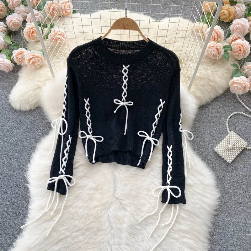 

Harajpee Early Autumn Retro Short Sweater Women's 2021 New Design Bandage Tassel High Street Sweet Cool Wind Navel Sweaters
