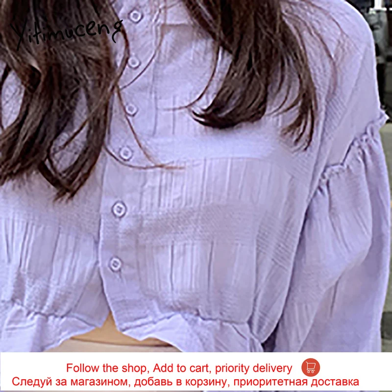 

Yitimuceng Ruffles Blouse Women Oversized Shirts Korean Fashion Long Puff Sleeve Office Lady Purple Tops 2021 Spring Summer New