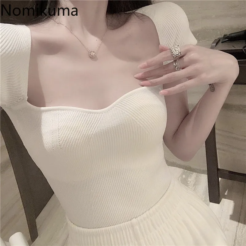 Женская футболка с коротким рукавом Nomikuma однотонная облегающая квадратным