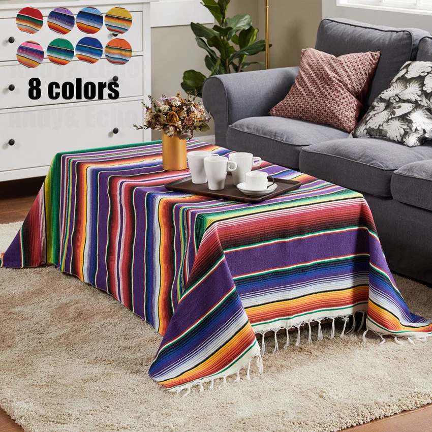Color Stripe Cotton Tablecloth for Table Runner Party Dining Wedding Decoration Rectangular Cover Picnic Blanket Mexican Style