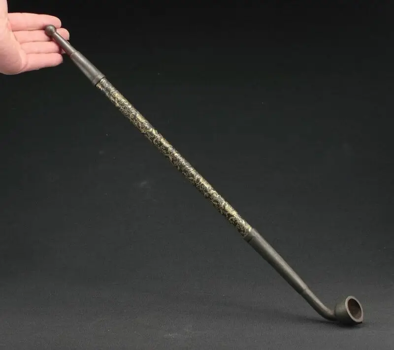 

OLD HANDWORK COPPER CARVED FLOWER USABLE SUPERB SMOKING TOOL PIPE MARKED