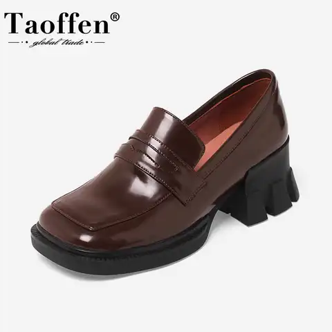 Taoffen/2022; Женские туфли-лодочки из натуральной кожи; Модные женские туфли на толстом каблуке без застежки; Размеры 34-39