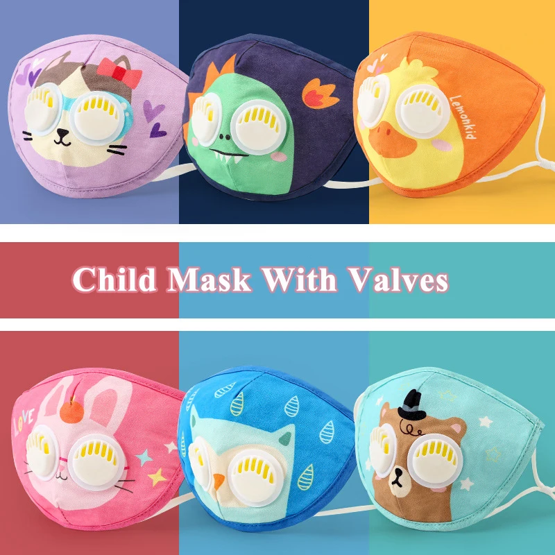 

2pcs Kids Face Masks with 8PCS PM2.5 Filters Cartoon Child Reusable Respirator Dust Protective Mouth Caps Masks Breathing Valve
