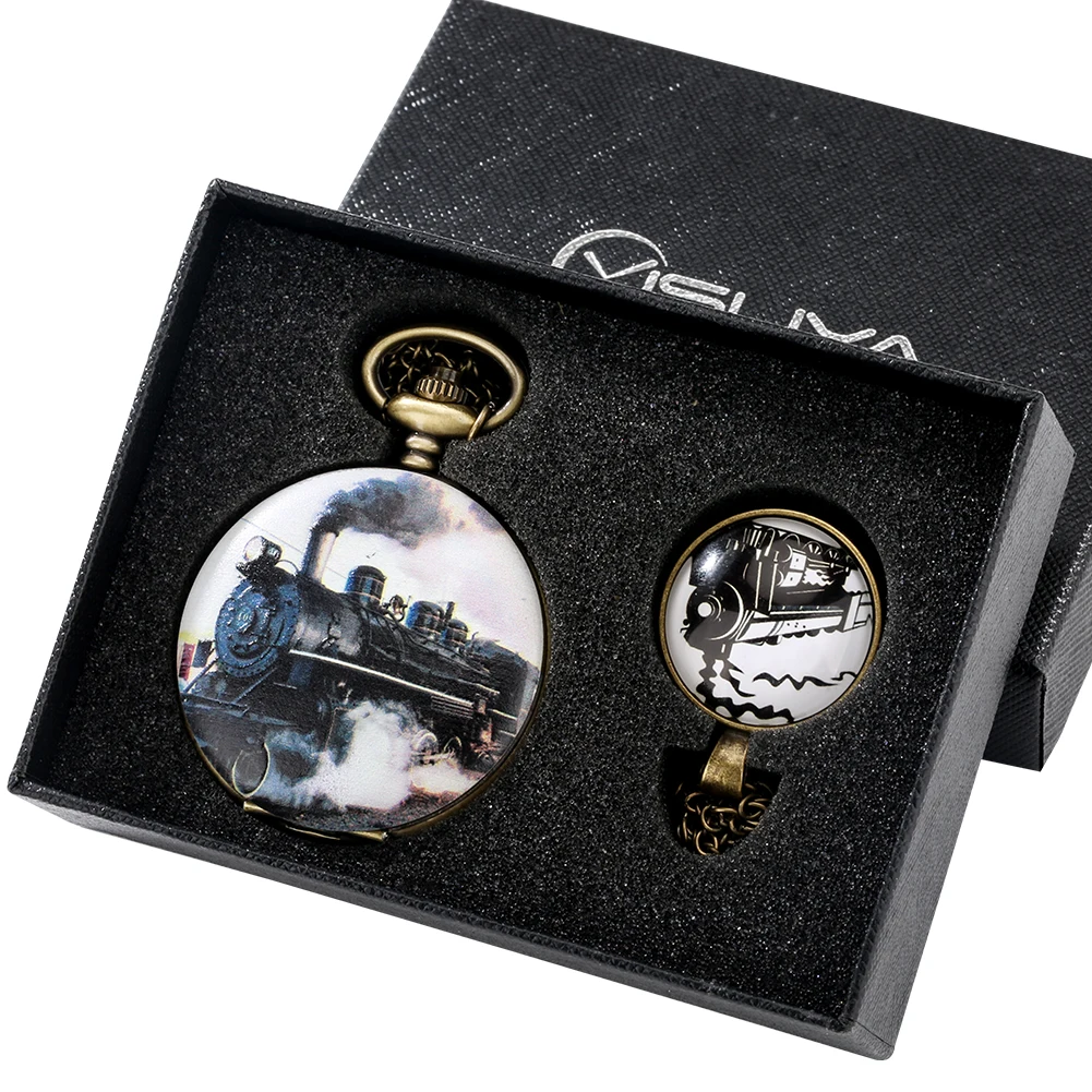 Fashion Train Design Case Quartz Pocket Watch with Gift Box Exquisite Pendant Necklace Chain Gift Sets for Family
