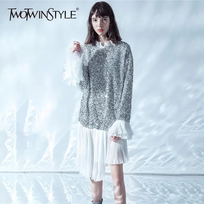 Женский пуловер с блестками TWOTWINSTYLE весенний оборками и длинными рукавами