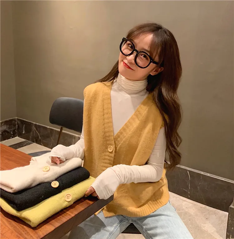 Женский пуловер без рукавов весна 2020 корейский однобортный вязаный шерстяной
