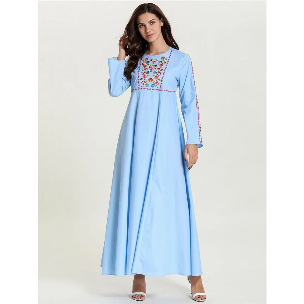 Женское длинное платье с вышивкой, однотонное платье в мусульманском стиле, женское свободное платье