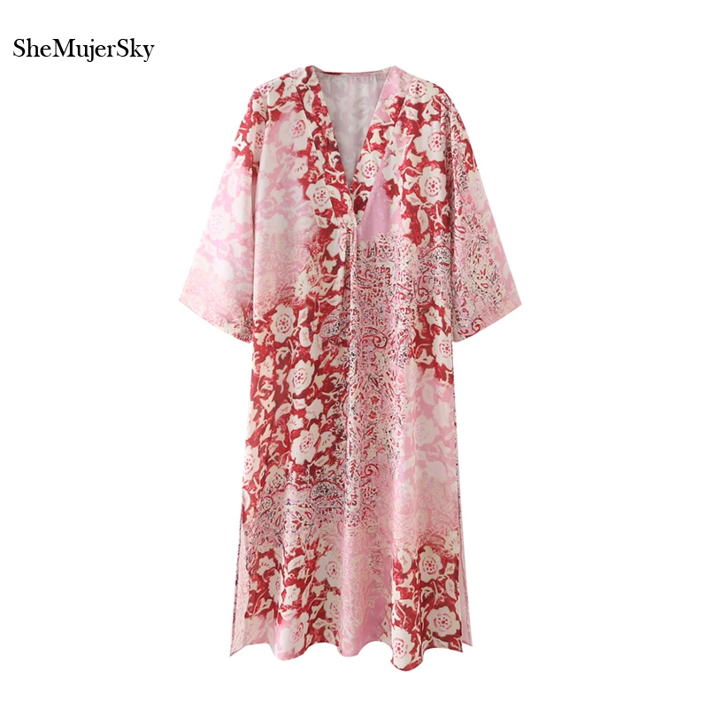 

Женское платье-миди SheMujerSky, с длинным рукавом, V-образным вырезом, с цветочным принтом, летнее, красное, 2021