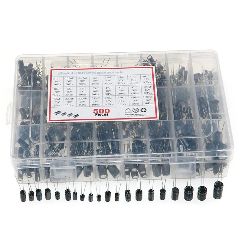 500PCS Electrolytic Capacitor Assortment Box Kit 0.1UF-1000UF 16V-50V 24 Values | Электронные компоненты и