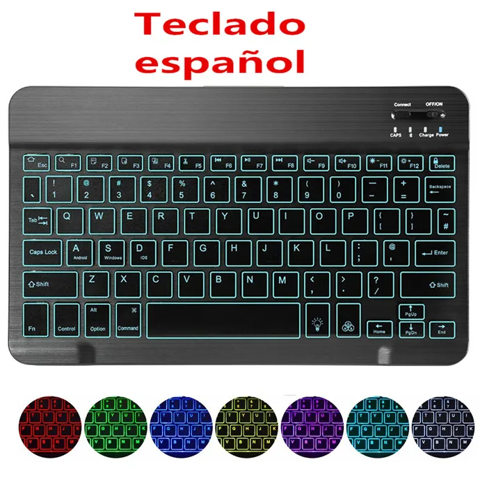 spanish Backlit Ультра тонкий 7 цветов светодиодный подсветка Беспроводная русская/испанская/Арабская Bluetooth клавиатура для iPad mini 7,9 дюймов клавиатура - Цвет: spanish Backlit