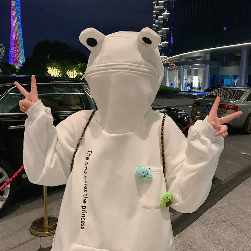 

Женская толстовка с капюшоном Harajuku, пуловер с лягушкой, повседневный свитшот с капюшоном, Осень-зима 2021, Свободный Топ с вышивкой, капюшон с ...